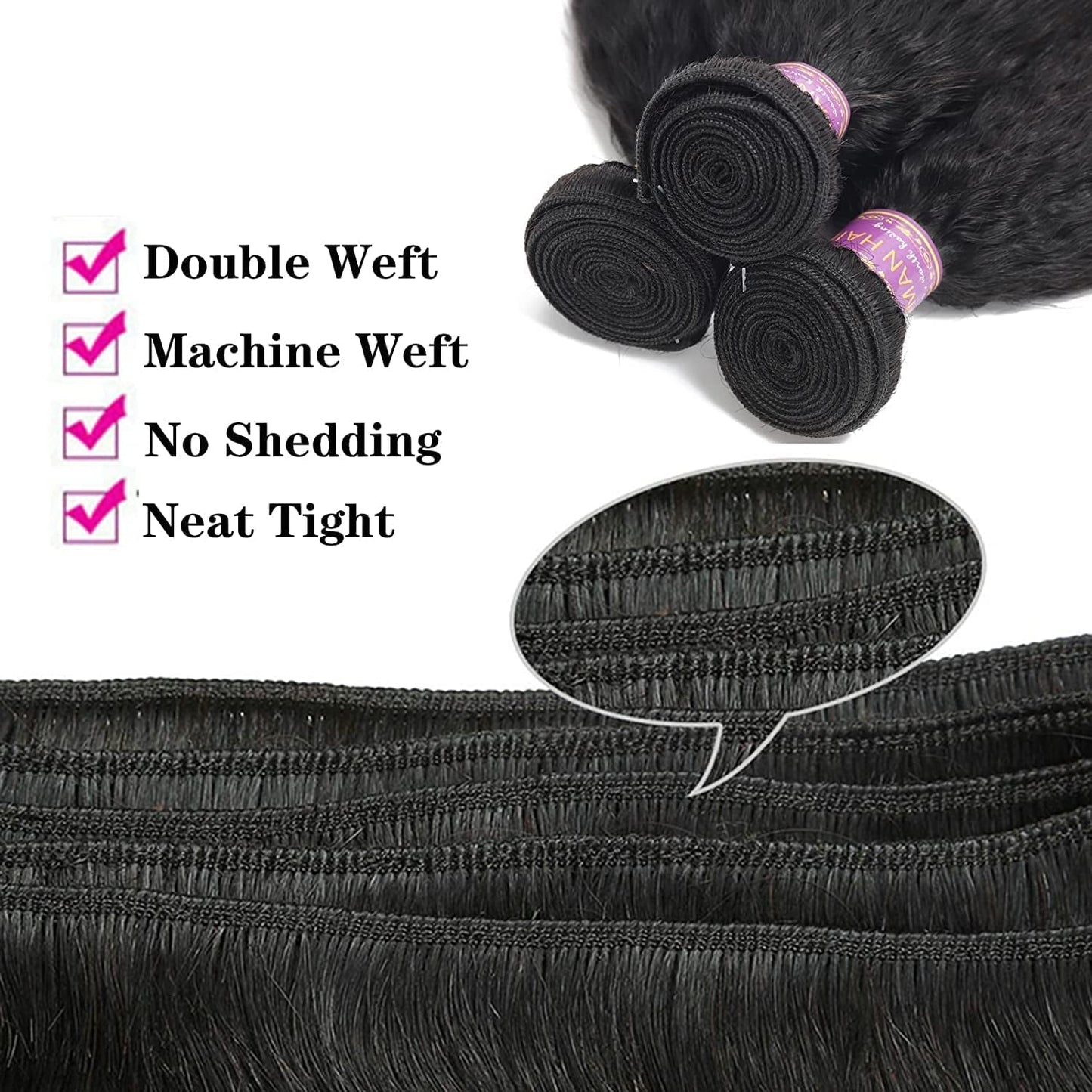 Kinky Straight Human Hair 3 Bundles with 4X4 Lace Closure Free Part 100% Unprocessed Brazilian Remy Yaki Straight Human Hair Extensions with Closure,Natural Black (12 12 12+10Closure)