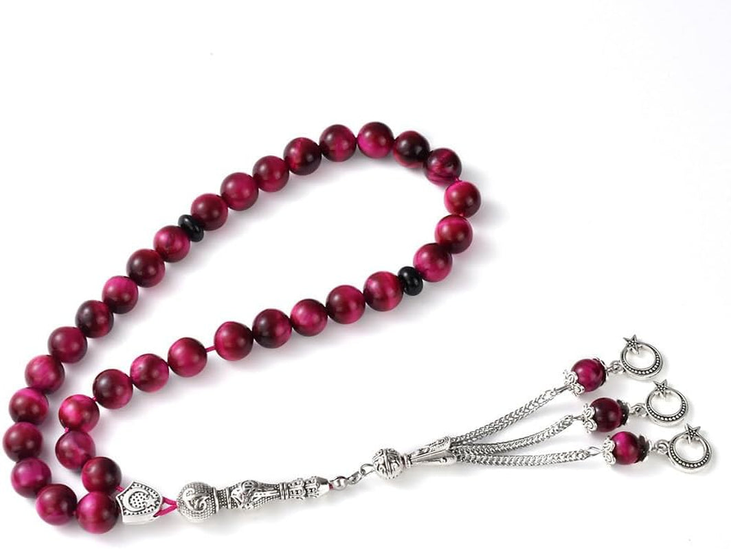 Tasbih Prayer Beads 33 Pink Tiger Eye Stone (33 Beads - 10 Mm) - Masbaha Muslim Rosary - Zikr, Dhikr Subha - Chapelet - Tasbeeh - Islamic Gifts for Women - Handmade Sibha - Eid Gifts