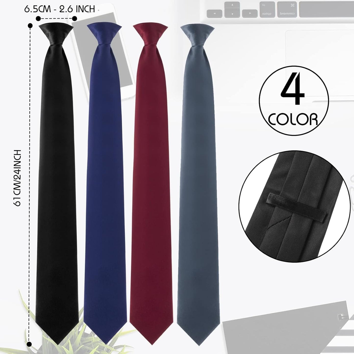 4 Pcs 24 Inch Men'S Clip-On Ties Solid Color Men'S Tie Pretied Clip on Ties Necktie Button(Black, Charcoal Grey, Navy Blue, Wine Red)