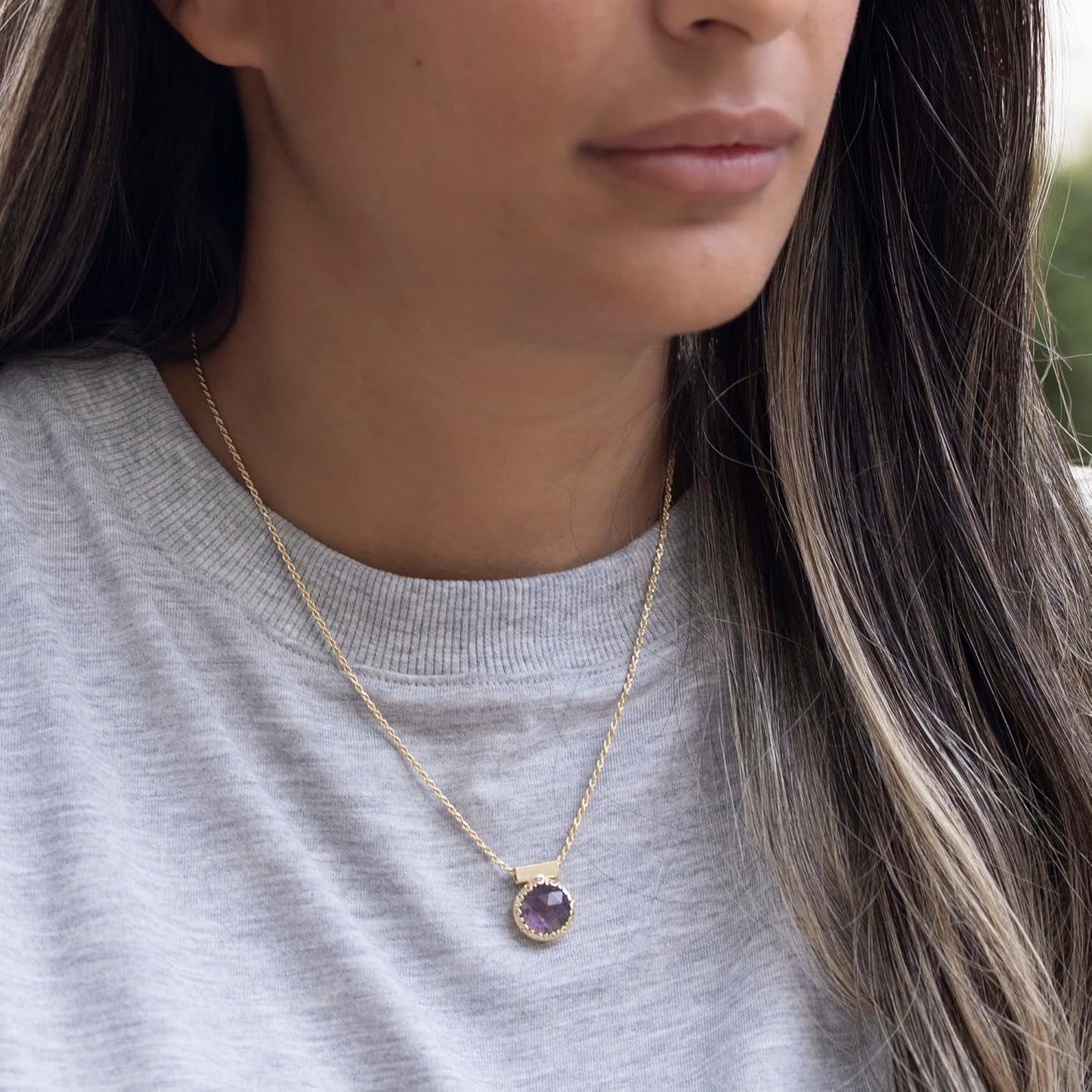 14K Gold Plated Amethyst Necklace for Women - 12Mm round Amethyst Pendant Necklace - Gold Plated 45Cm Cable Chain - February Birthstone Necklace - Amethyst Jewelry Perfect Gift for Her