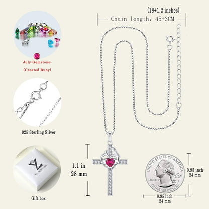 Mom Cross Necklace Sterling Silver Mother and Children Pendant Gemstones Crucifix Jewelry for Women