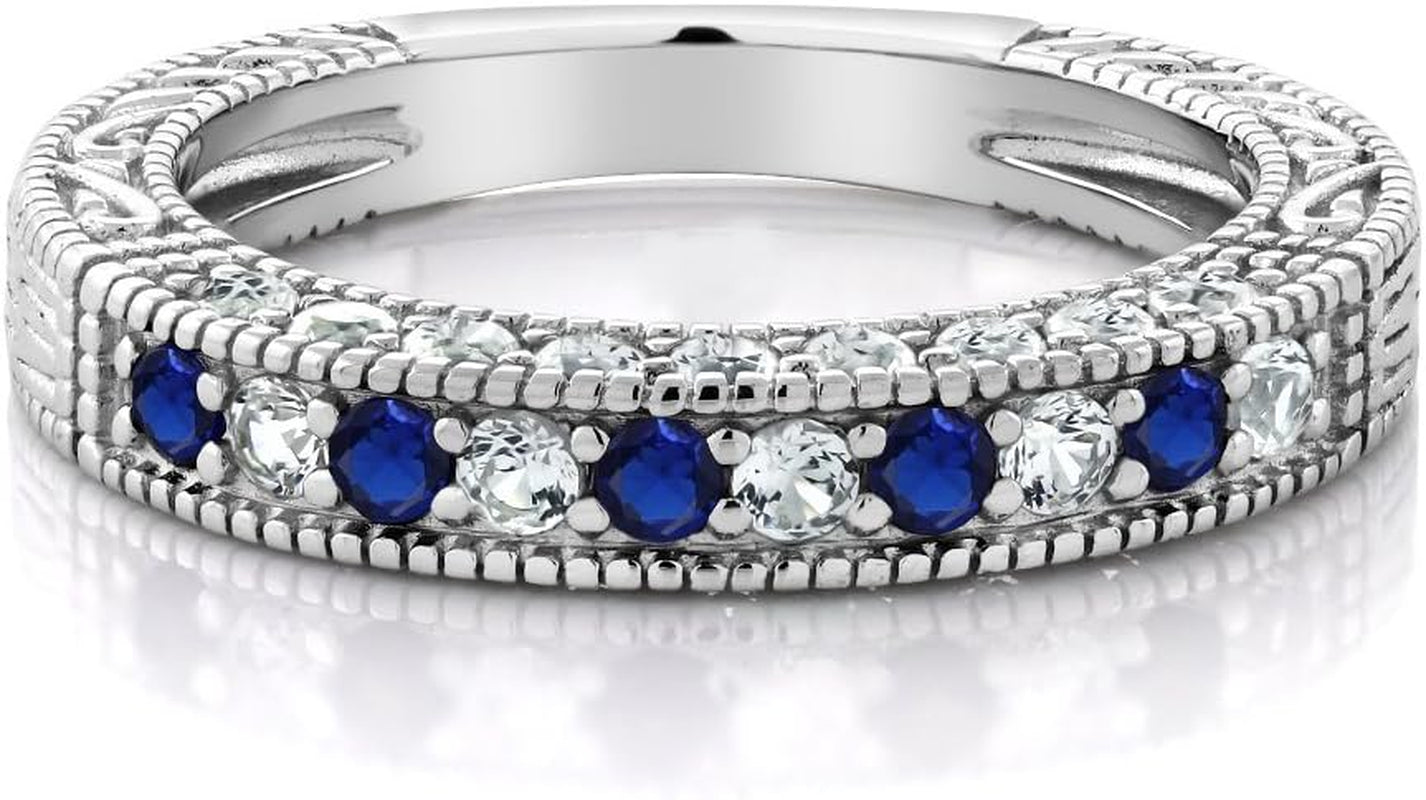 925 Sterling Silver Blue and White Created Sapphire Ring | Wedding Band Ring for Women | 1.00 Cttw | Available in Size 5, 6, 7, 8, 9