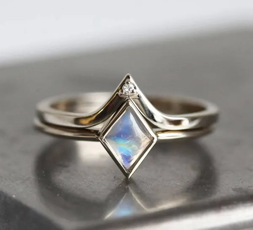 Antique Silver Moonstone Ring Set Women's Vintage Natural Gemstone Moonstone Ring Set Anniversary Gift Engagement Bridal Wedding Jewelry Rings Size 5-10