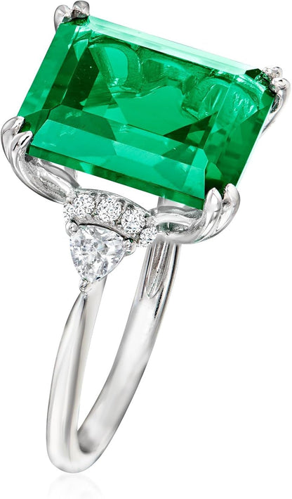 6.00 Ct. T.W. Simulated Emerald and .19 Ct. T.W. CZ Ring in Sterling Silver. Size 8