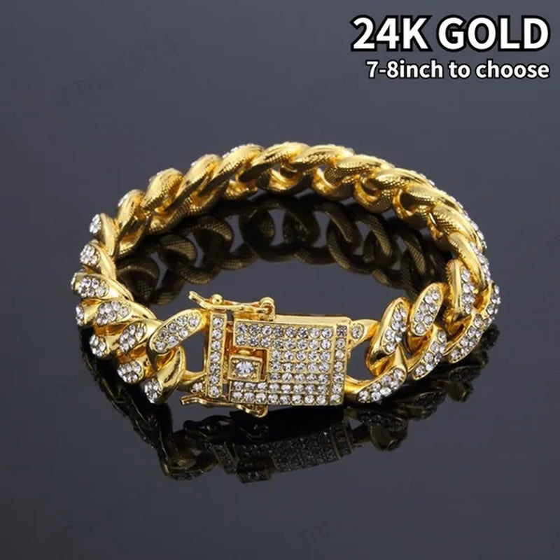 1pc Iced Out Bling Rhinestone Crystal Gold Finish Miami Cuban Link Chain Diamond Gold/925 Silver Men's Hip Hop Necklace or Bracelet Jewelry 8/20/24/28 Inch