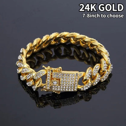 1pc Iced Out Bling Rhinestone Crystal Gold Finish Miami Cuban Link Chain Diamond Gold/925 Silver Men's Hip Hop Necklace or Bracelet Jewelry 8/20/24/28 Inch
