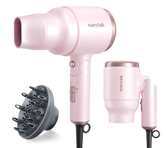 Blow Dryer with Diffuser, Mini Hair Dryer with Folding Handle, 1600W Quiet Lightweight Hairdryer with Diffuser Compact Design, Pinky White