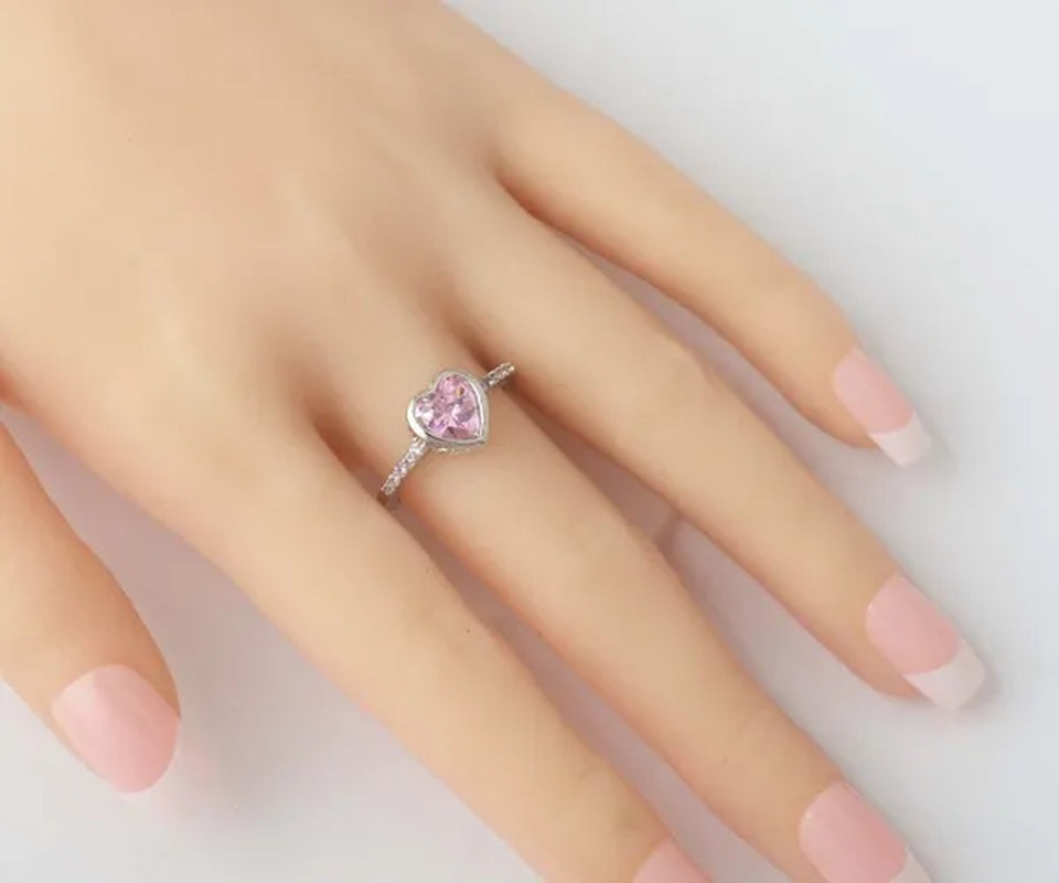 8Mm Heart Cut Pink Topaz 925 Sterling Silver Gemstone Wedding Ring Size 6-10 US Size