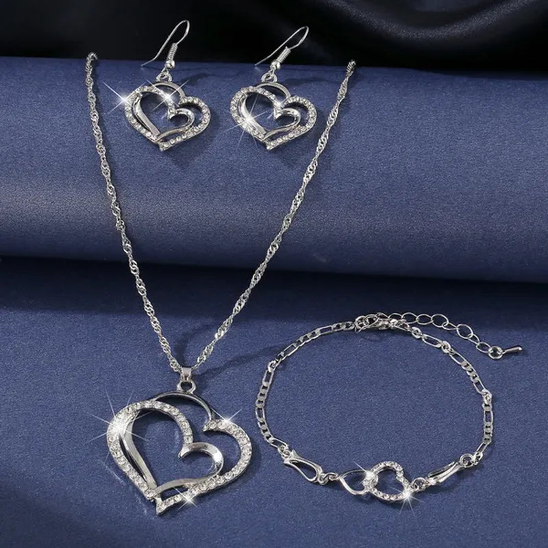 Classic Diamond Crystal Heart Pendant Necklace and Earrings Set Wedding Party Jewelry Set for Women