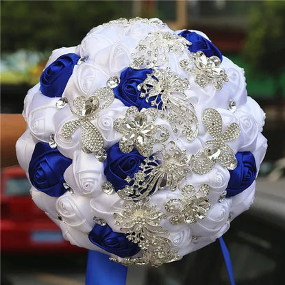 21CM Silver Rhinestone Bridal Hand Flowers Ribbon Wedding Hand Bouquet Mixed Color Silk Rose Diamond Brooch Bridesmaid Bouquet Wedding Supplies