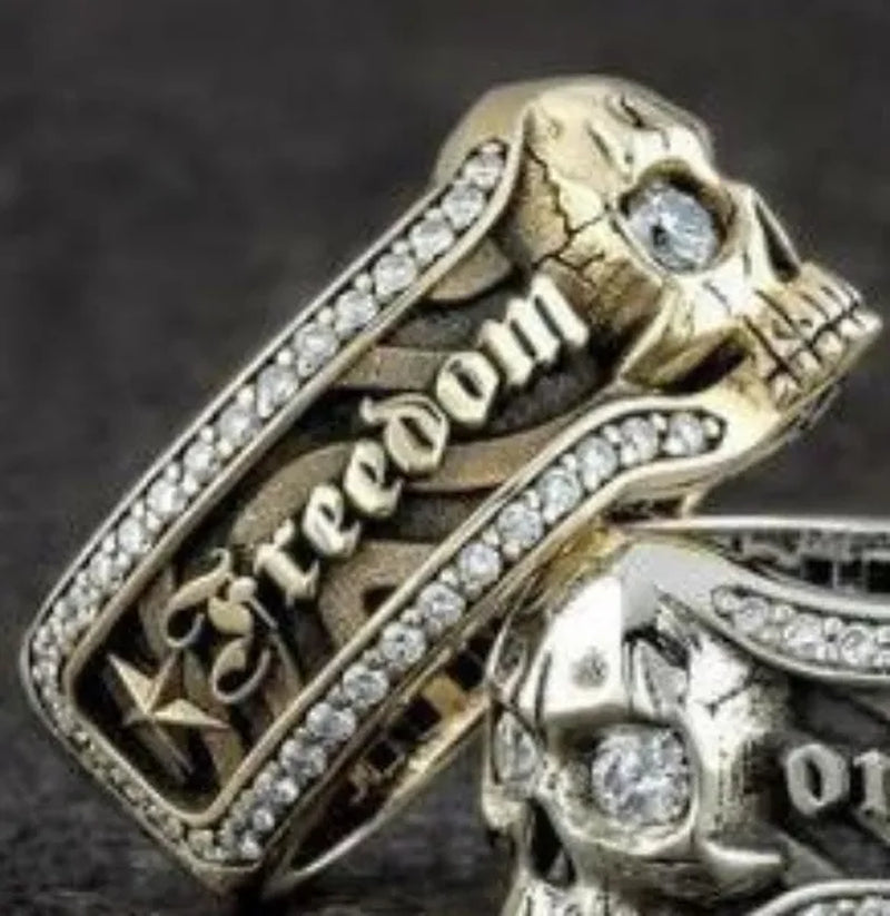 Vintage Stainless Steel Micro Inlaid Cubic Zirconia Gothic "Freedom or Death" Skeleton Skull Cocktail Rider Statement Halloween Christmas Ring Gift