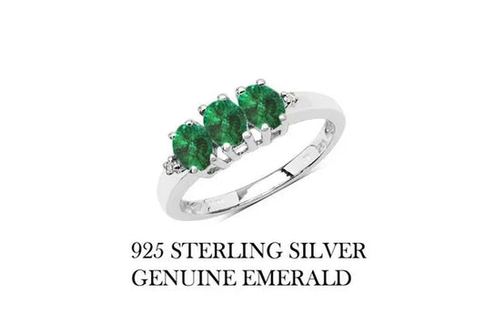 Amazing .925 Sterling Silver Ring  w/Genuine Oval Emerald Stones