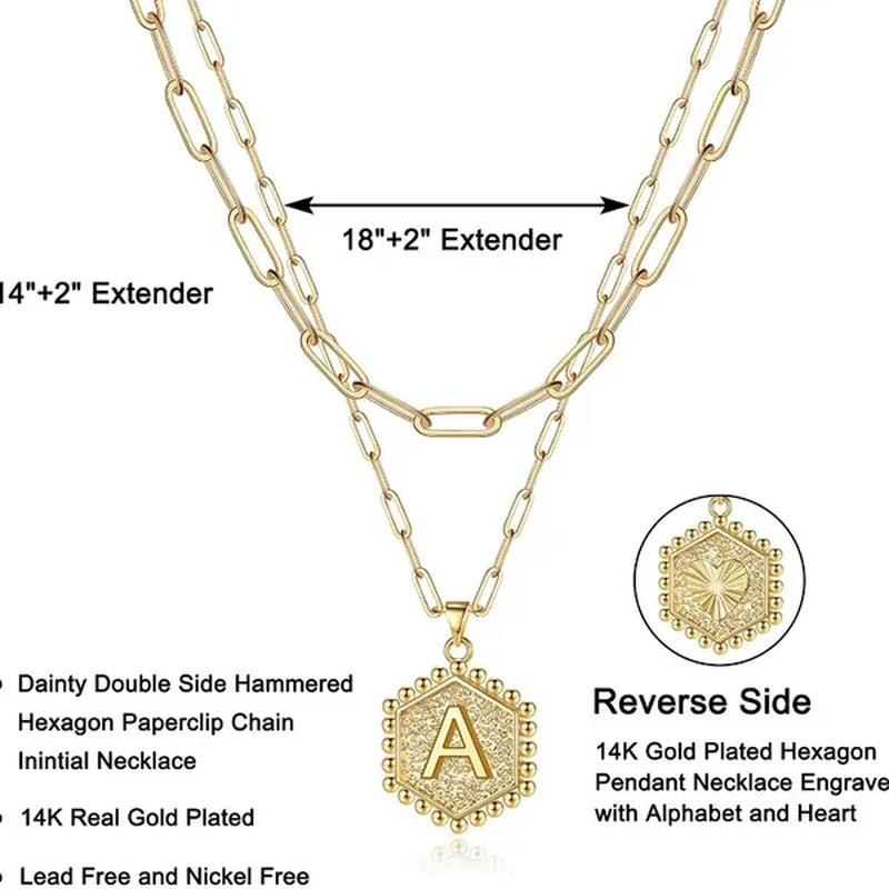 Dainty Layered Initial Necklaces for Women, 14K Gold Plated Paperclip Chain Necklace Simple Cute Hexagon Letter Pendant Initial Choker Necklace Gold Layered Necklaces for Women