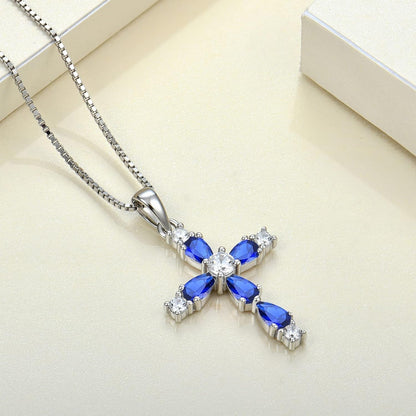 Cross Necklace for Women 925 Sterling Silver Halo Gemstone Pendant Birthstone Religious Jewelry for Mom