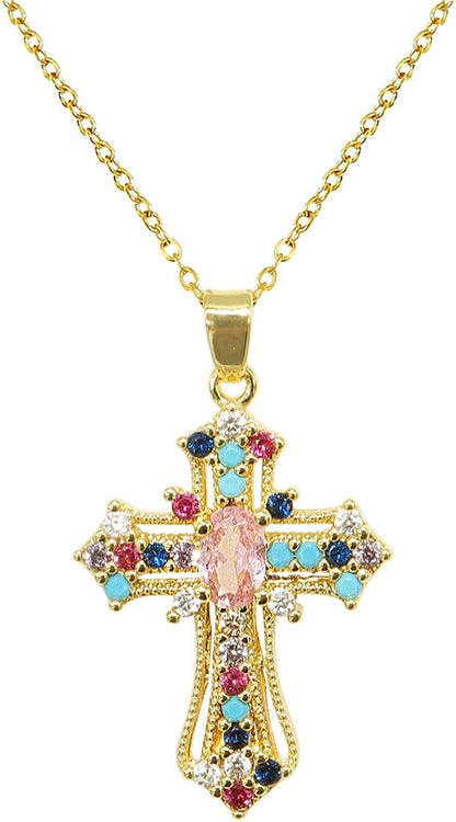 Cross Pendant Necklace for Women Girls - Gothic Catholic Christian Costume Cross Jewelry - Delicate Dainty Cubic Zirconia Rhinestone Stainless Steel Hypoallergenic Chain Christmas Gift
