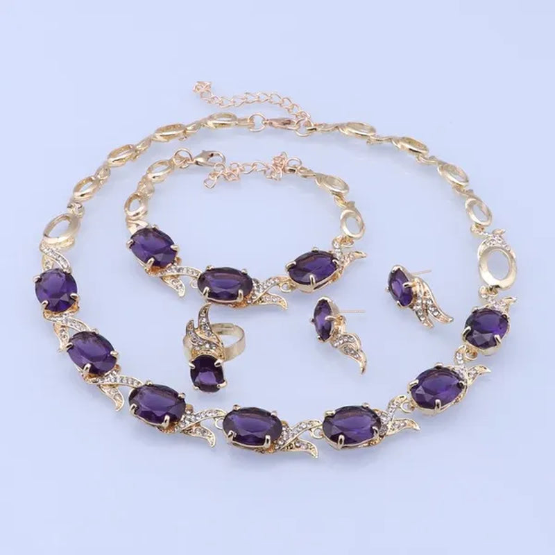 Women Gold Plated Crystal Zircon Ruby Pendant Wedding Party Necklace Bracelet Ring Earring Jewelry Sets