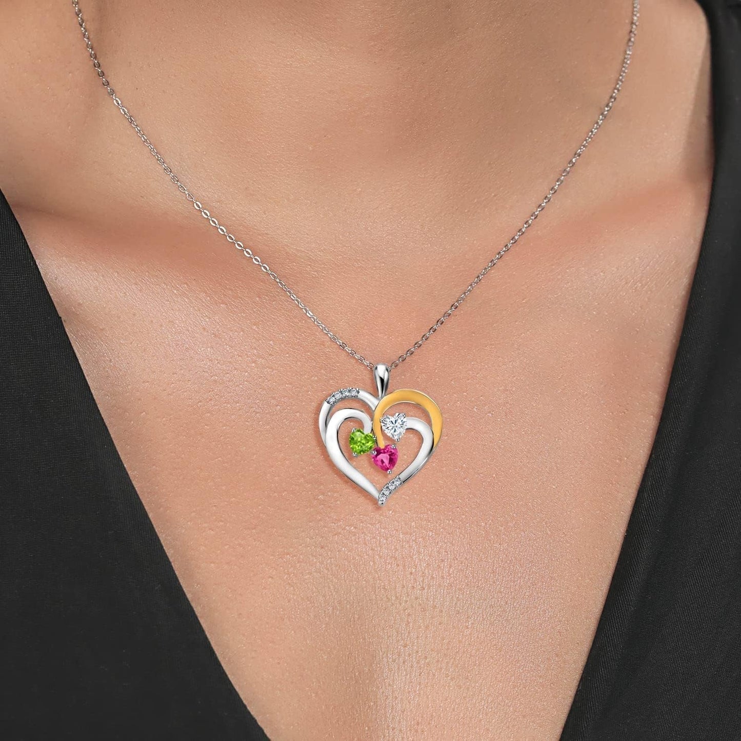 925 2-Tone Sterling Silver and White Green Peridot White Moissanite and Pink Created Sapphire Pendant Necklace for Women (1.52 Cttw, Heart Shape 5MM, 18 Inch Chain)