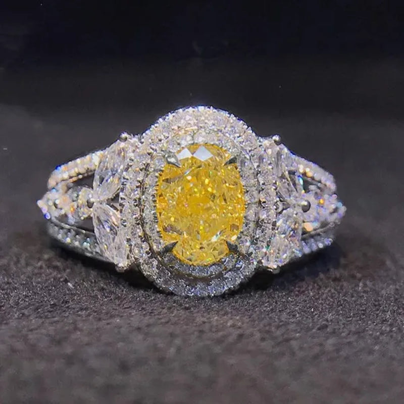 Trendy Silver Plated Lab Diamond White Sapphire Citrine Gemstone Rings for Women Engagement Proposal Gift Bridal Jewelry