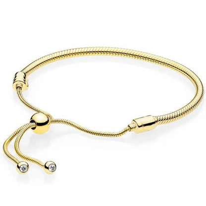 NEW Fashion 925 Sterling Silver Adjustable Size Flashing sided Heart Snake Chain Bracelet For European Bangle Bracelet Jewelery Making DIY