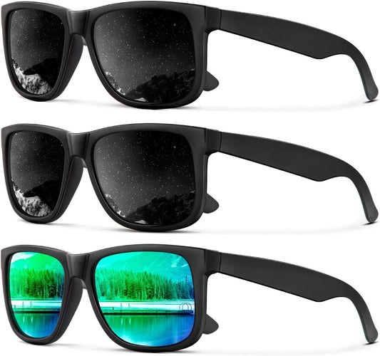 Sunglasses Men Polarized Sun Glasses for Mens Womens Classic Matte Black Frame UV Protection 3Pack - WORLD TIME VISITS