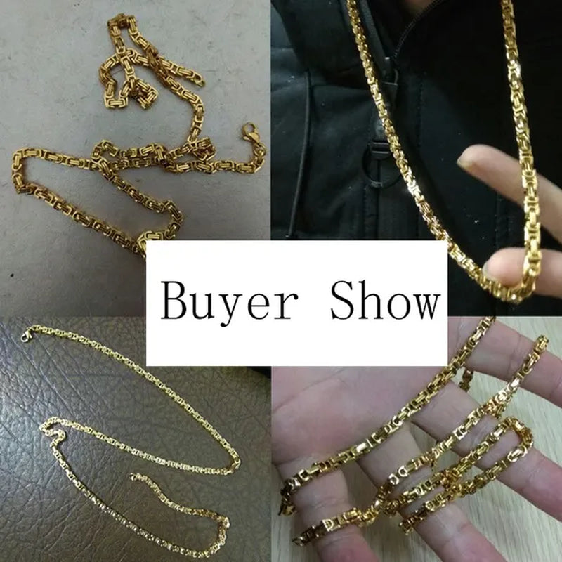 Men's Hip Hop Silver-tone/18K Gold Plated Stainless Steel Byzantine Box Link Chain Necklace