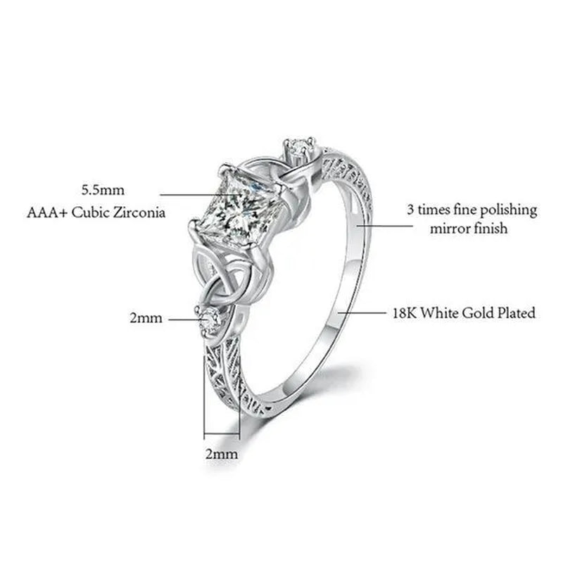 Classic and Fashionable Silver-Plated Celtic Knot Princess Geometric Cubic Diamond Ring Bridal Engagement Wedding Ring Size 5-11