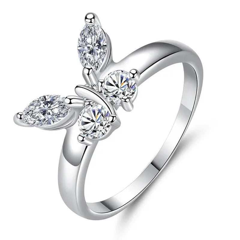 "If you are in full bloom, the butterfly will come" luxury silver crystal butterfly ring cubic zirconia exquisite bridal wedding party ring fashion jewelry (size: 5-11)