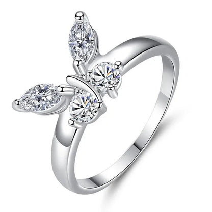 "If you are in full bloom, the butterfly will come" luxury silver crystal butterfly ring cubic zirconia exquisite bridal wedding party ring fashion jewelry (size: 5-11)