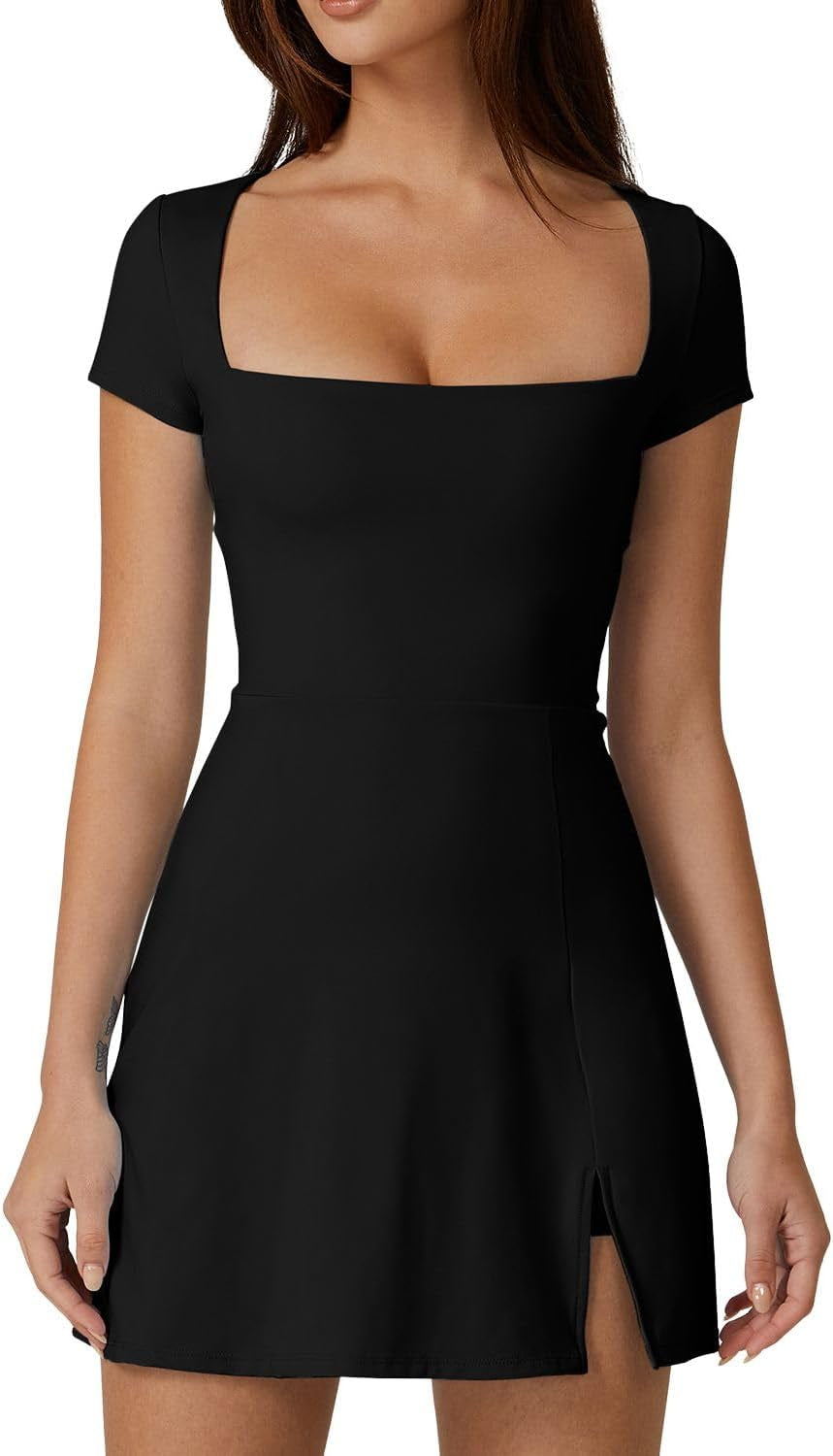 Womens Square Neck Tennis Dress Short Sleeve Built in Shorts Golf Athletic Dress with Pockets - WORLD TIME VISITS