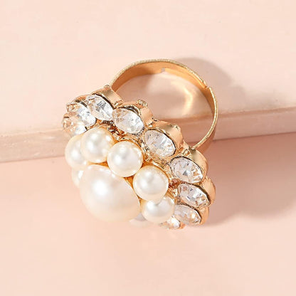 Vintage CZ Flower Pearl Statement Ring for Women Girls Gold Plated Adjustable Expandable Cubic Zirconia Imitation Pearls Open Wrap Promise Engagement Rings Comfort Fit Wedding Mother'S Day Jewelry