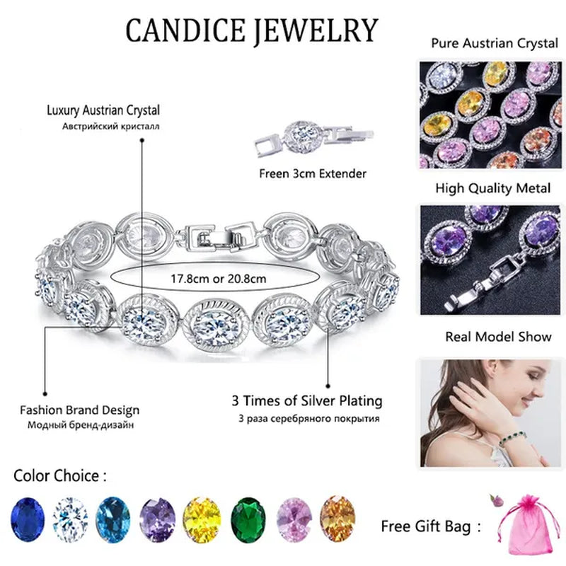 CANDICE Luxury Quality Oval Blue Crystal Women Strand Bracelet Bangles Setting Stylish Silver Plating CZ Hand Jewelry for Lady Anniversary Birthday Gifts