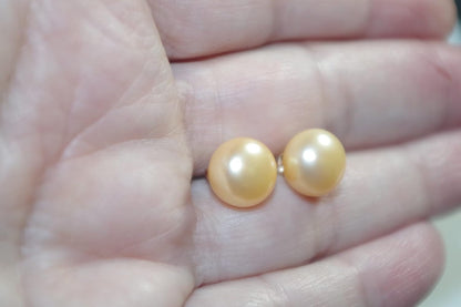 Quality Golden Champagne Pearl Semi round Dome Button 10 MM Stud Earrings 14K Gold Filled