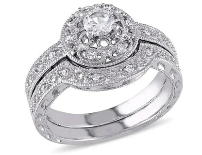 1/3 Carat (ctw) Lab-Created White Sapphire Bridal Engagement Ring and Wedding Band Set with Diamonds in Sterling Silver