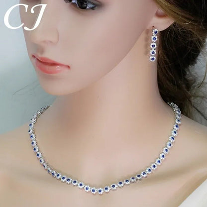 CANDICE Classic Round Cut Blue Choker Necklace Earrings Top Grade AAA+ CZ Stone Women Evening Jewelry Sets For Party