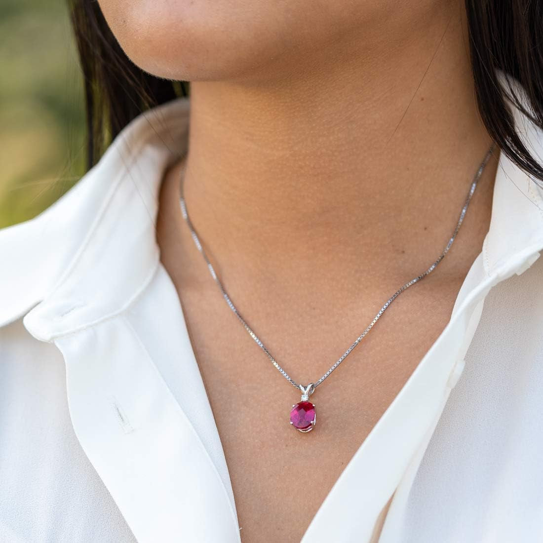 Created Ruby with Genuine Diamond Pendant in 14K White Gold, Elegant Solitaire, Oval Shape, 10X8Mm, 3.50 Carats Total, Sparkling V-Day Gift, Women Gift Ideas W/Jewelry Box