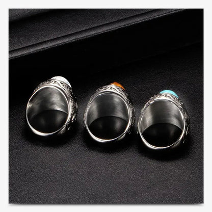 Vintage Men's Gemstone Ring Stainless Steel Single Turquoise Agate Tiger Eye Stone Rings Jewelry Gift for Men Women Boyfriend Girlfriend