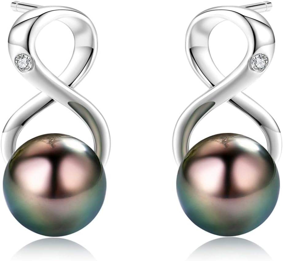Infinity Earrings AAA Top Grade Genuine Tahitian Black Pearl 8-9Mm 18K Gold Plated 925 Sterling Silver – Birthday Anniversary Jewelry Gifts for Women (18K White Gold) - WORLD TIME VISITS