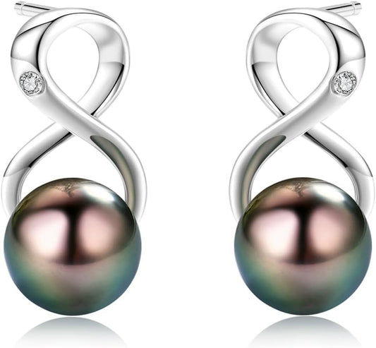 Infinity Earrings AAA Top Grade Genuine Tahitian Black Pearl 8-9Mm 18K Gold Plated 925 Sterling Silver – Birthday Anniversary Jewelry Gifts for Women (18K White Gold)