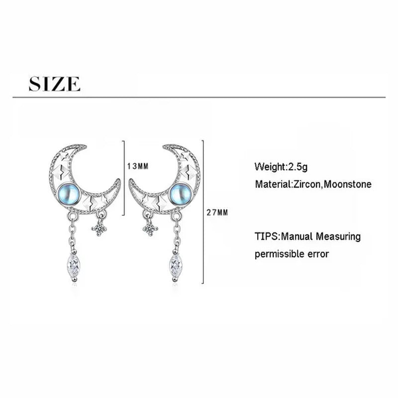 925 Sterling Silver Hollow Moon Zircon Tassel Dangle Earring Elegant Colorful Moonstone Earring for Women Jewelry