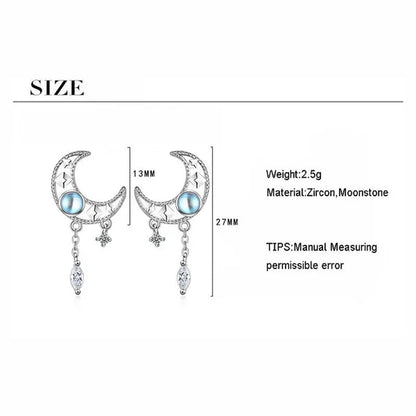 925 Sterling Silver Hollow Moon Zircon Tassel Dangle Earring Elegant Colorful Moonstone Earring for Women Jewelry