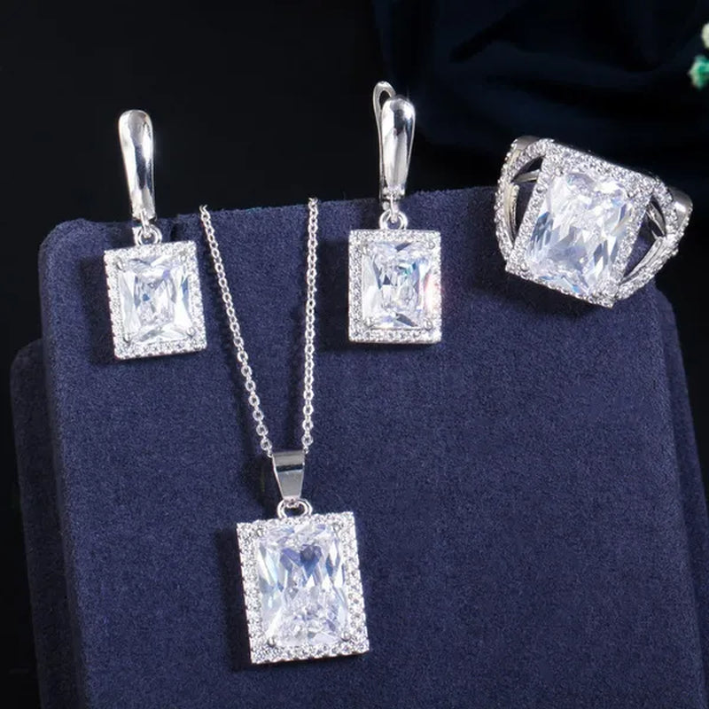 Gloriya Elegant Purple CZ Square Pendant Chain Necklace Earrings and Ring Set Women Fashion Silver Plated Jewellery Sets for Best Gifts