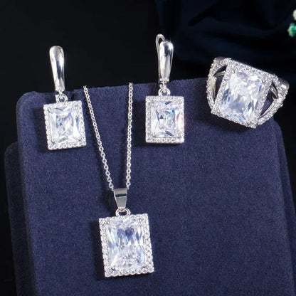 Gloriya Elegant Purple CZ Square Pendant Chain Necklace Earrings and Ring Set Women Fashion Silver Plated Jewellery Sets for Best Gifts