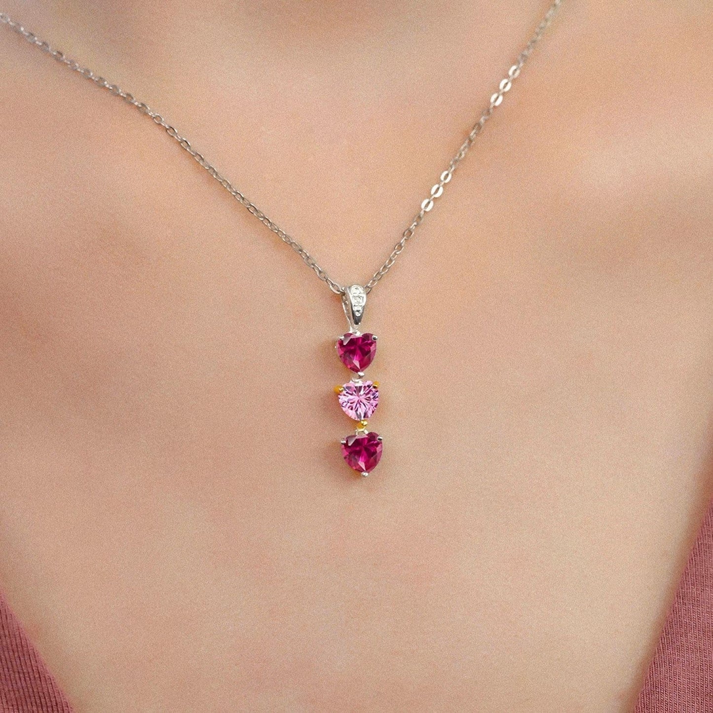 Keren Hanan Lab Grown Diamond 3 Stone Heart Shape Pendant Necklace with Chain 925 Silver and 10K Yellow Gold Created Ruby Pink Moissanite (1.71 Cttw)