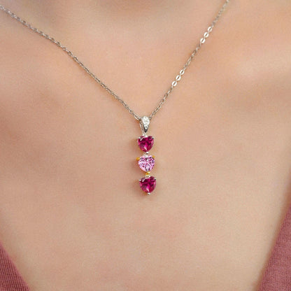 Keren Hanan Lab Grown Diamond 3 Stone Heart Shape Pendant Necklace with Chain 925 Silver and 10K Yellow Gold Created Ruby Pink Moissanite (1.71 Cttw)