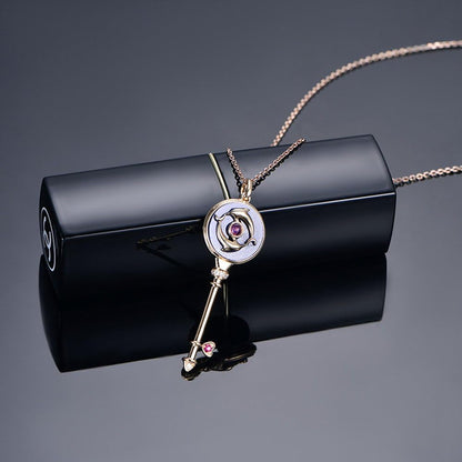 Lapis Lazuli Red Tourmaline Diamond Key Pendant Necklace Solid 14K Yellow Gold Unique Dolphin Lazurite