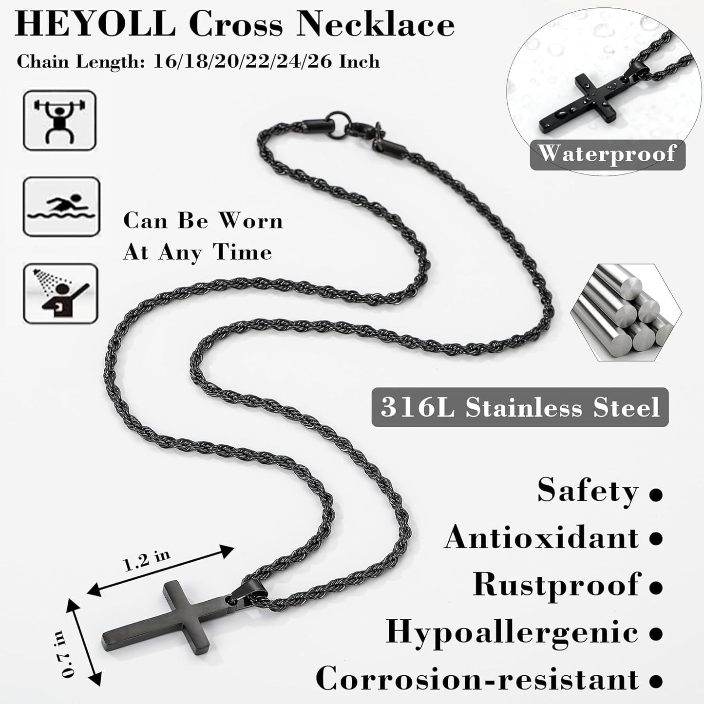 Valentines Day Gifts for Him Cross Necklace for Boys Mens Stainless Steel Twisted Rope Chain Cross Pendant Rustproof Necklace for Teen Boy Mens Christian Baptism Easter Gifts