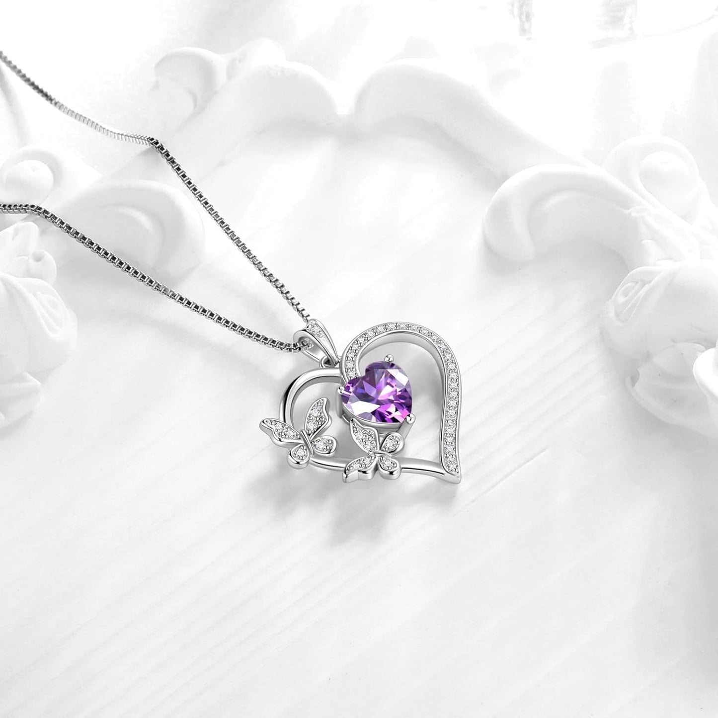 Heart Butterfly Pendant Necklace - 925 Sterling Silver Birthstone Heart Crystal Necklace Gifts for Women Jewelry Mothers Day Valentines Birthday Gifts for Girls