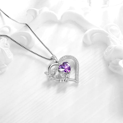 Heart Butterfly Pendant Necklace - 925 Sterling Silver Birthstone Heart Crystal Necklace Gifts for Women Jewelry Mothers Day Valentines Birthday Gifts for Girls