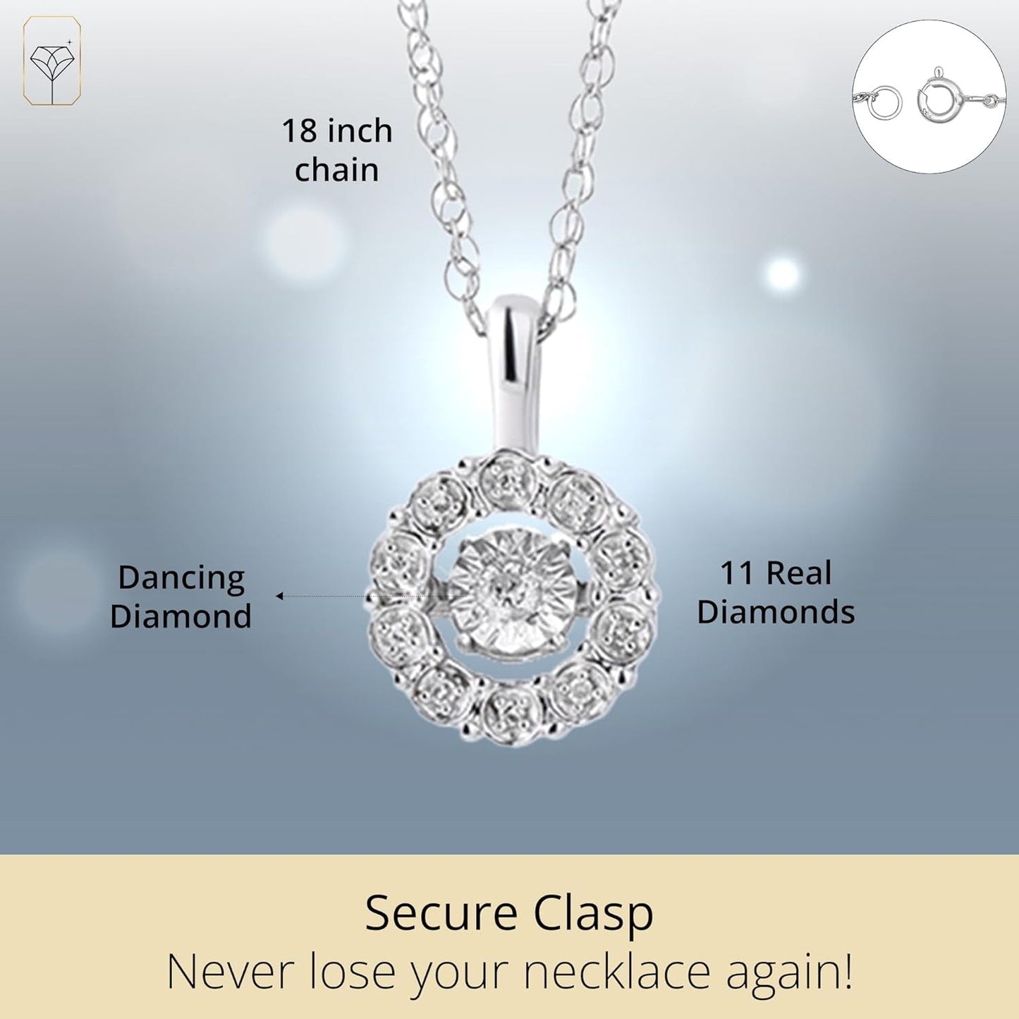 Dancing Diamond Necklaces for Women | Sterling Silver Diamond Necklace with 18 Inch Chain | Real Diamond Pendant Necklaces | Diamond Jewelry for Women