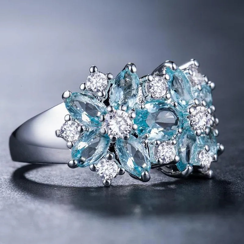 Fashion Women Blue Sapphire Flower Rings Crystal Zircon Gemstone Rings Size 6-10 - WORLD TIME VISITS